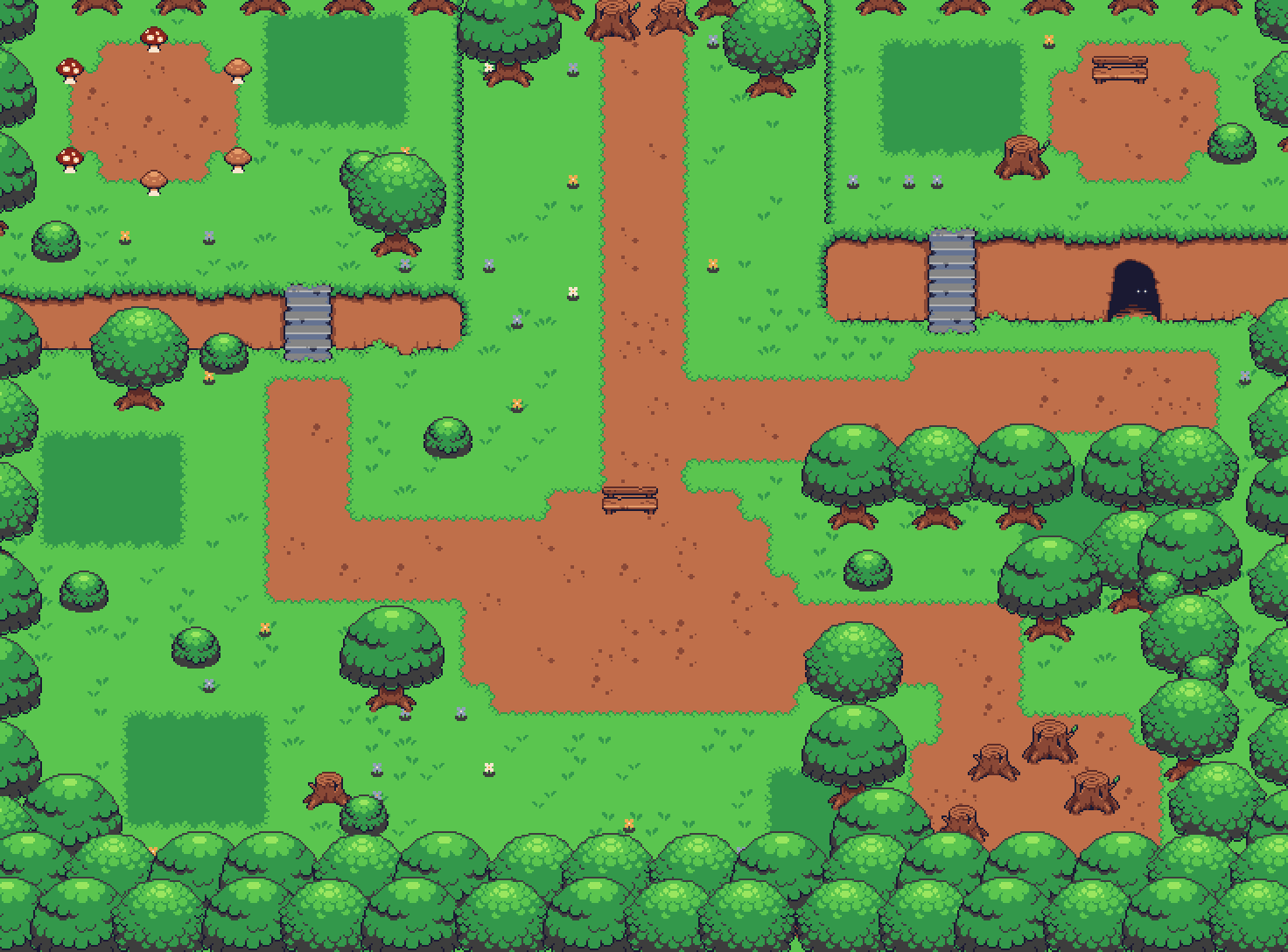 Top-down pixel-art view of a forest glade with dirt paths, stone stairs and a cave entrance